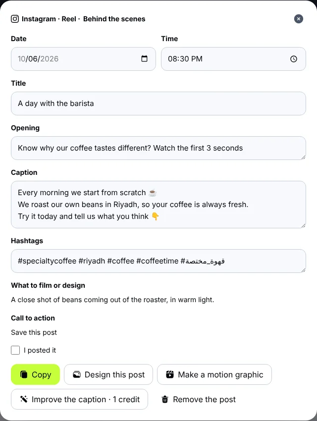 One post in the content plan: date, time, title, opening, caption and hashtags