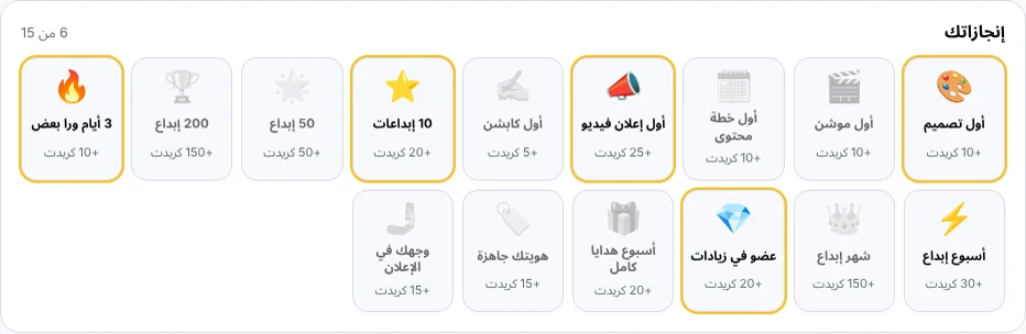 لوحة الإنجازات في صفحة الحساب: إنجازات مفتوحة بكريدتها وأخرى باقية