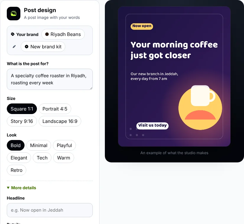 The “Your brand” bar above the post design form: the Riyadh Beans kit and a new kit button, with the form filled from it