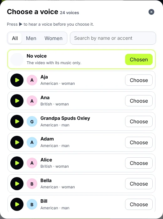The voices list in the studio: voices of men and women with a play button to hear each one