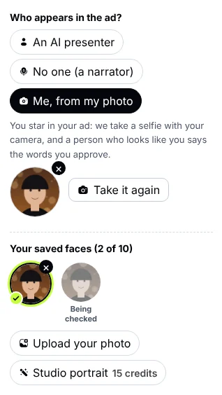 Your saved faces in the video ad form: one picked for this ad and a photo being checked