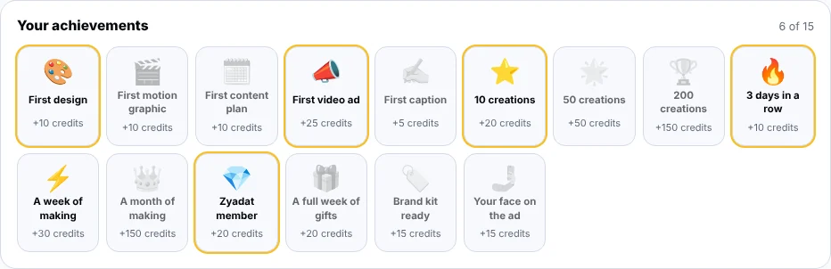 The achievements board on the account page: unlocked achievements with their credits and the ones still to come
