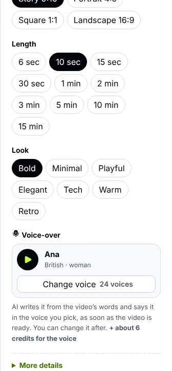 The voice card in the motion graphic form: the voice picked with a play button and Change voice