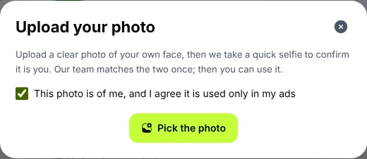 The upload window: agreeing the photo is of the account’s owner before picking it